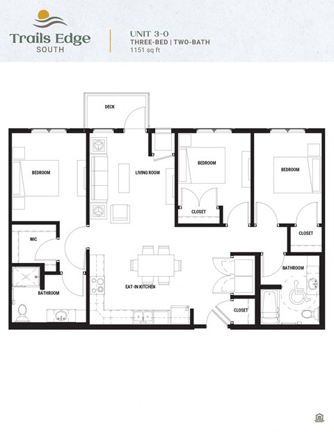 Floor plan for 3 beds, 2 baths, 1151 sqft